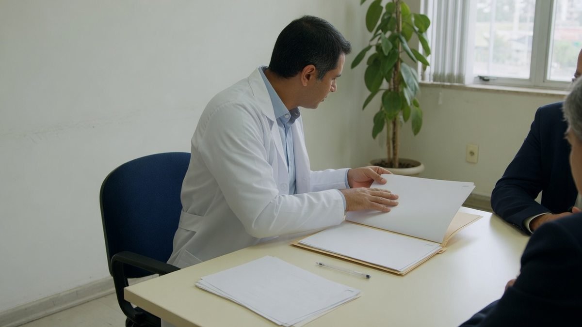 Médico organizando documentação em sala de reunião