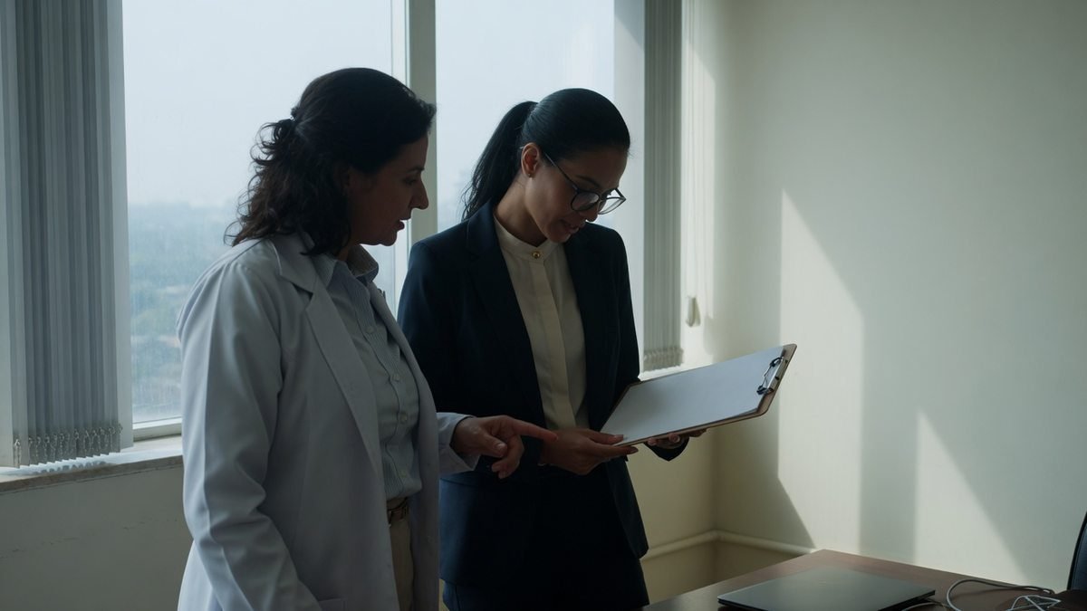 Duas profissionais analisando documentação em sala de reunião