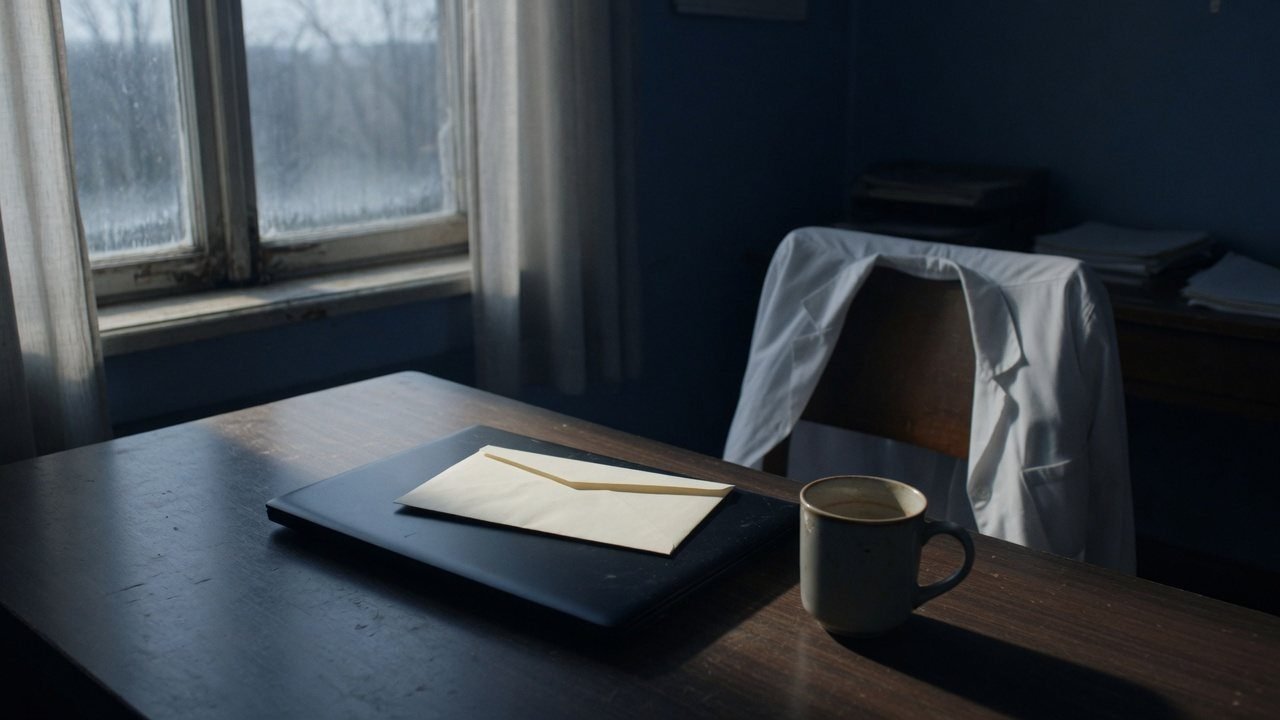 Envelope fechado sobre um laptop na mesa de trabalho, com jaleco na cadeira, em luz fria de manha