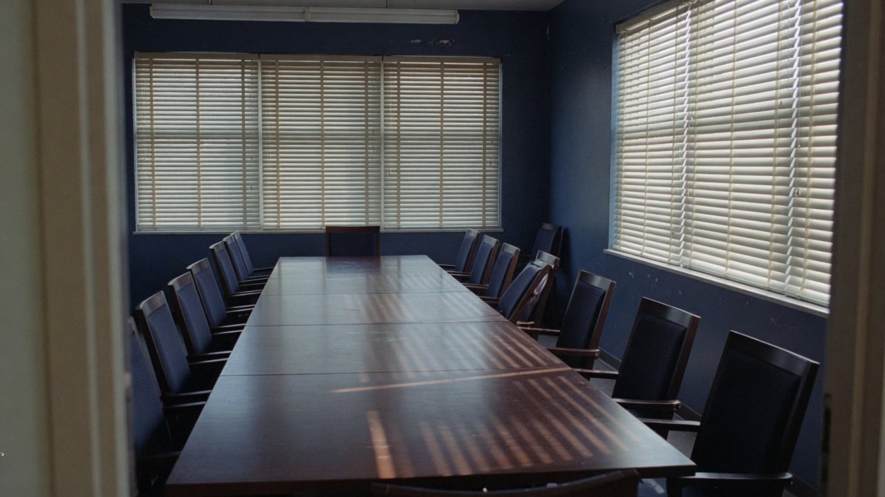 Sala de sessao institucional vazia, com mesa longa e cadeiras alinhadas, iluminada por persianas