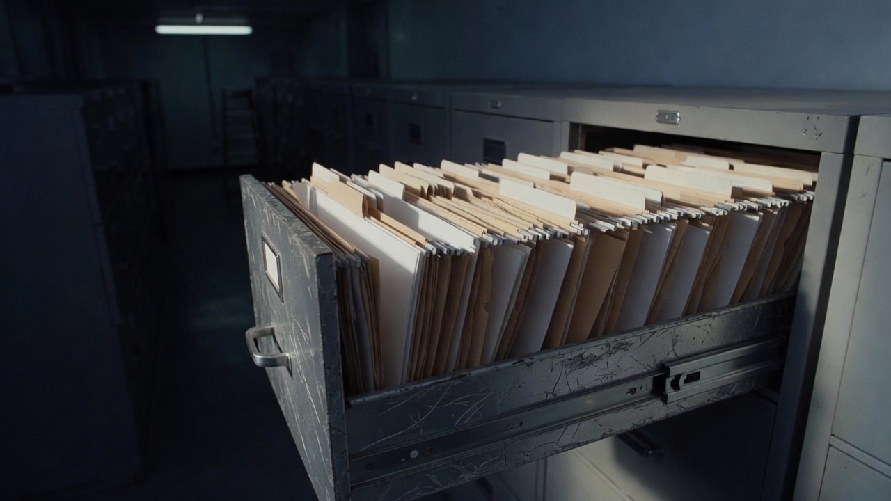 Gaveta de arquivo aberta com fileiras densas de pastas de papel sem etiqueta
